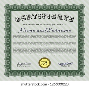 Green Certificate template. Vector illustration. With linear background. Money Pattern design. 