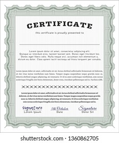 Green Certificate template. Vector illustration. With guilloche pattern and background. Cordial design. 