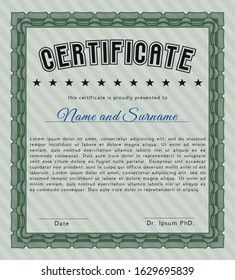 Green Certificate template. Vector illustration. With guilloche pattern and background. Beauty design. 