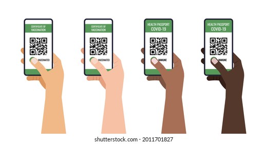 Green certificate of vaccination on mobile phone screen with qr-code pass check mark vaccinated. Health passport app travel protection in different skin color hands. Flat design vector illustration