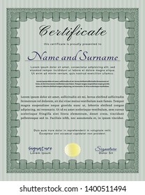 Green Certificate. Vector illustration. With guilloche pattern and background. Elegant design. 