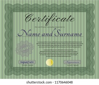 Green Certificate. Vector illustration. With linear background. Good design. 