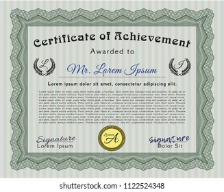 Green Certificate. Vector illustration. Printer friendly. Money design. 