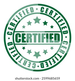 Green certified rubber stamp seal with stars isolated on white background.  Certified vector icon