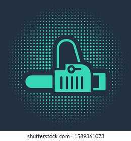 Green Chainsaw icon isolated on blue background. Abstract circle random dots. Vector Illustration