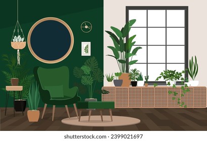 A green chair against a green wall surrounded by various plants.