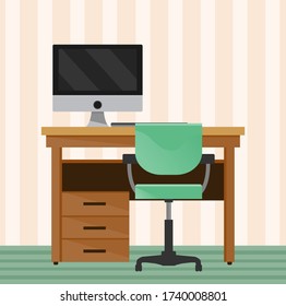 Green chair behind the office Desk with a computer. Cool vector flat illustration character design isolated on beige background