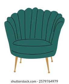 A green chair with a shell design. The chair is sitting on a white background. The chair is drawn in a cartoon style