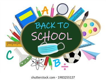 Green Chalk Board With Wording Back To School And Colorful Classroom Or Study Accessories To Welcome Back For New Semester With Face Mask To Protect From Coronavirus Or COVID 19