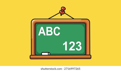 Quadro negro verde com A B C e 123 escrito em giz branco sobre fundo amarelo