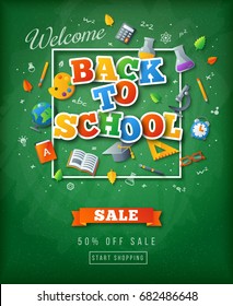 Green chalkboard with Back to school colorful stickers lettering, square frame and icons. Vector illustration. Education, art and science