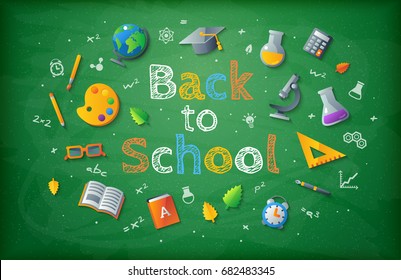 Green chalkboard with Back to school drawing lettering and icons. Vector illustration. Education, art and science design