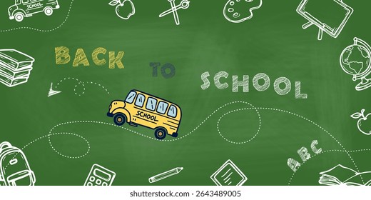 Green chalkboard with Back to School text, doodles of supplies, and a yellow school bus, great for educational materials, ads, and classroom decor. Vector art