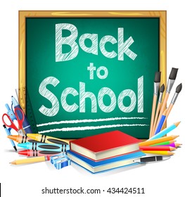 Green Chalkboard with Back to School Text and School Supplies Isolated in White Background. Vector Illustration
