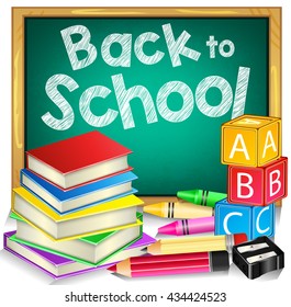 Green Chalkboard with Back to School Text and School Items Isolated in White Background. Vector Illustration
