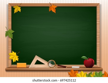 Green chalkboard background. Back to school card design. Empty blackboard. Vector illustration
