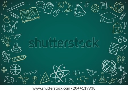 Green chalkboard background with doodle education and science icons including books, atom, math symbols and graduation cap, perfect for school, learning, teaching and e-learning design.