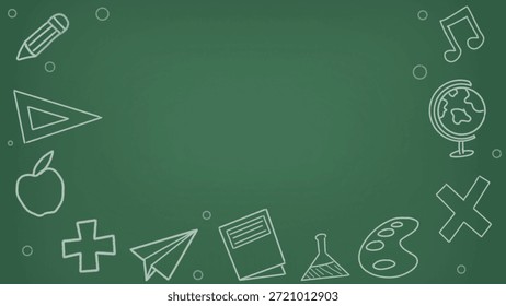 A green chalkboard background featuring hand-drawn white line icons related to education, including stationery, science, art, and learning symbols. This clean and minimal design provides ample copy space, making it suitable for presentations, educational materials, online learning content, school announcements, and academic-themed designs.