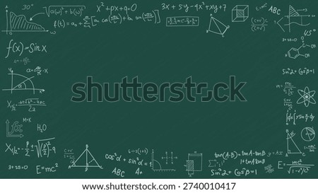 Green chalkboard background with mathematical formulas framing empty center space for school and educational presentations