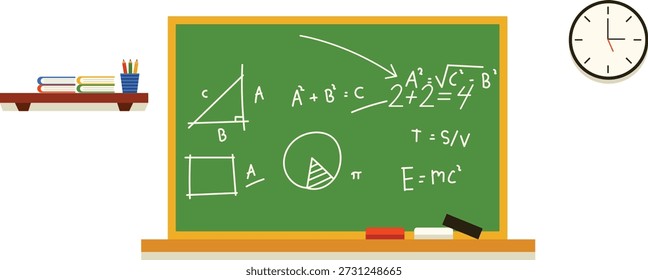 Green chalkboard background with school wall clock and minimalist shelf with books and pencils