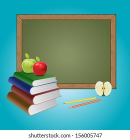 Green chalkboard, books and apples on blue background.