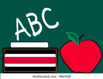 green chalkboard with chalk eraser and apple - education - vector