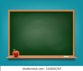 Green chalkboard with chalk and red apple. Stock vector illustration.