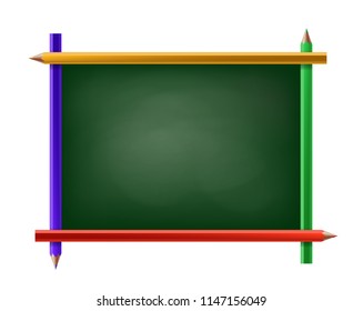 Green chalkboard with frame of pencils. Isolated on white background. Stock vector illustration.