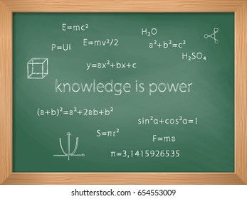 Green chalkboard with handwritten various formulas. Knowledge is power. Back to school. Education and school concept. Vector illustration