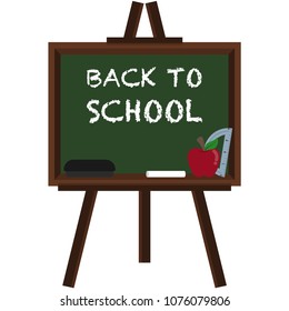 Green Chalkboard on Easel Illustration - Green chalkboard set on wood easel with back to school text and school supplies isolated on white background