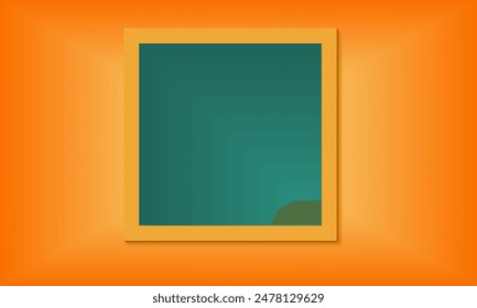 green chalkboard on orange background. Clean background. Blank photo frame template on orange gradient wall texture in gallery. Empty clean picture on orange background for mockup and place image

