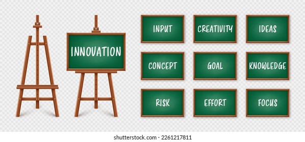 Green chalkboard on wooden easel. Blackboard in wooden frame on a tripod. Presentation board with text, writing or drawing surface. Innovation, creativity and creative ideas. Vector illustration