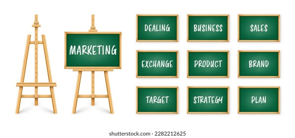 Green chalkboard on wooden easel. Blackboard in wooden frame on a tripod. Presentation board with text, writing or drawing surface. Business investment, economics and finance. Vector illustration