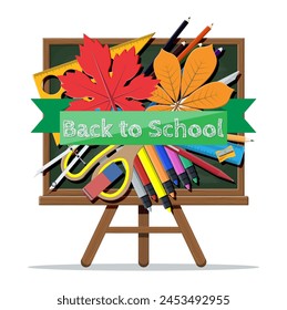 Green chalkboard. Ruler pen pencil scissors books sharpener eraser marker divider ruler autumn leaf. Lesson in school classroom. College or university education. Vector illustration flat style