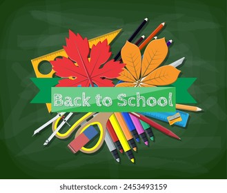 Green chalkboard. Ruler pen pencil scissors books sharpener eraser marker divider ruler autumn leaf. Lesson in school classroom. College or university education. Vector illustration flat style