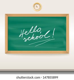 Green chalkboard, School board with the inscription Hello school