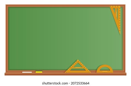Green chalkboard. School board with rulers, sponge and chalk for classroom. Empty wooden blackboard. Vector illustration.
