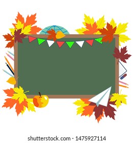 Green chalkboard, school supplies and autumn leaves. Concept of education, starting school, back to school. 1 September. beginning of school year. Vector illustration