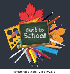 Green chalkboard and school supplies. Note paint pencil pen marker sharpener eraser ruler autumn leaf. College or university, education training. Back to school. Vector illustration in flat style