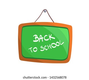Green chalkboard with text. Back to school style flat cartoon character illustration. School board vector drawing. Kids cute hand drawn illustration.