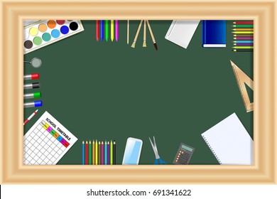 Green chalkboard with wooden frame is filled by school equipment. Center of the vector is ready for your text.