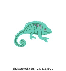 Green chameleon with curled tail. Cartoon salamander character side view isolated on white background. Childish colorful flat vector illustration of pet reptile animal. Exotic crawling mammal