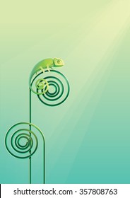 Green Chameleon lizard sunbathing camouflaged on a green abstract spiral curved plant on a rain forest sun rays. Minimalistic modern vector illustration