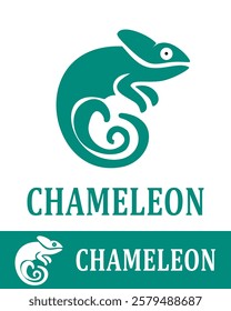 A green chameleon logo with a curled tail and minimalist design isolated on white background