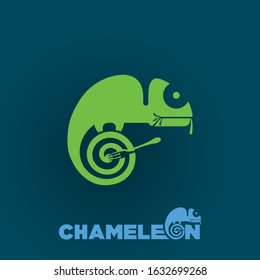 Green chameleon logo, eating with his tongue melting. The target food market is illustrated using a fork. Great brand for food companies, culinary, restaurants, food stalls, snacks, mini markets