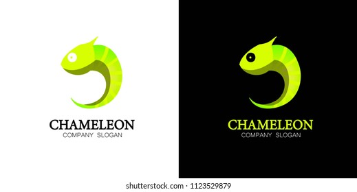 Green chameleon logo. Chameleon logo. Vector illustration isolated on white. Concept for eco company, organic shop, vegetarian restaurant. 