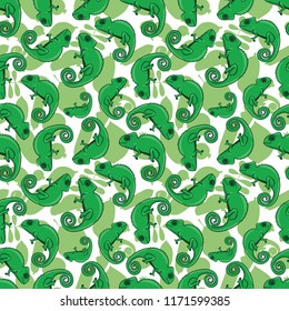 green chameleon on green and white background. Seamless pattern.