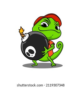 Green chameleon vector icon carrying cool bomb
