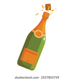 Green champagne bottle popping its cork with a golden label, celebrating a success