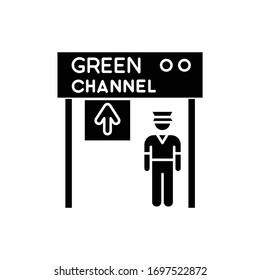 Green channel flat design long shadow glyph icon. Airport terminal checkpoint. Guard on gate control. Boarding for departure. Silhouette symbol on white space. Vector isolated illustration